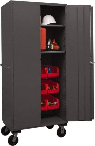 Durham - 2 Shelf 12 Bin Mobile Storage Cabinet - Steel, 36" Wide x 24" Deep x 80" High, Red - Exact Tool & Supply