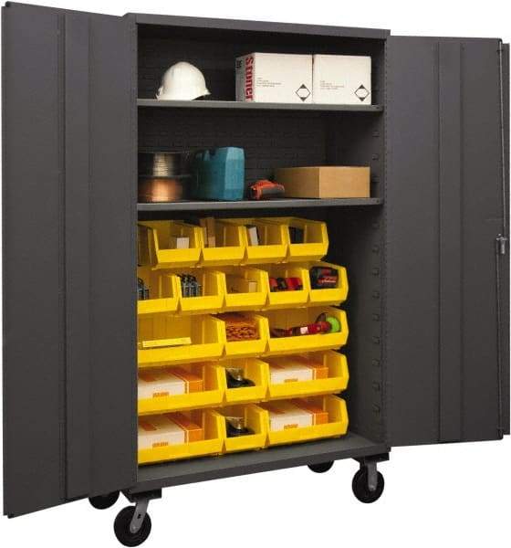 Durham - 2 Shelf 18 Bin Mobile Storage Cabinet - Steel, 48" Wide x 24" Deep x 80" High, Yellow - Exact Tool & Supply