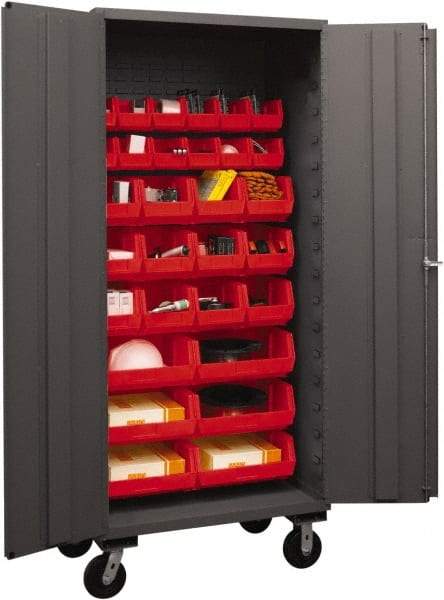 Durham - 30 Bin Mobile Storage Cabinet - Steel, 36" Wide x 24" Deep x 80" High, Red - Exact Tool & Supply