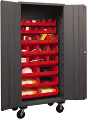 Durham - 30 Bin Mobile Storage Cabinet - Steel, 36" Wide x 24" Deep x 80" High, Red - Exact Tool & Supply