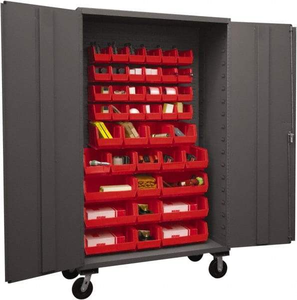 Durham - 42 Bin Mobile Storage Cabinet - Steel, 48" Wide x 24" Deep x 80" High, Red - Exact Tool & Supply
