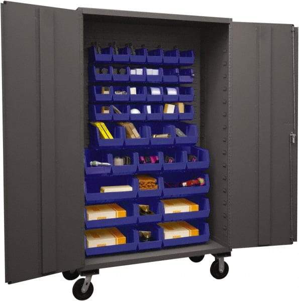Durham - 42 Bin Mobile Storage Cabinet - Steel, 48" Wide x 24" Deep x 80" High, Blue - Exact Tool & Supply