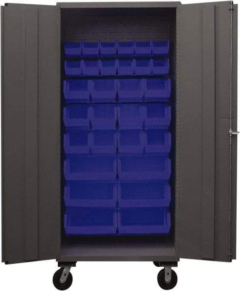 Durham - 30 Bin Mobile Storage Cabinet - Steel, 36" Wide x 24" Deep x 80" High, Blue - Exact Tool & Supply