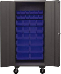 Durham - 30 Bin Mobile Storage Cabinet - Steel, 36" Wide x 24" Deep x 80" High, Blue - Exact Tool & Supply