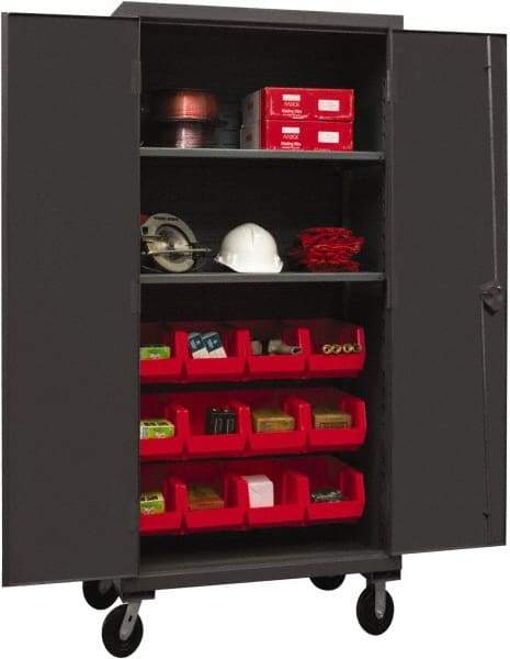 Durham - 2 Shelf 12 Bin Mobile Storage Cabinet - Steel, 36" Wide x 24" Deep x 80" High, Red - Exact Tool & Supply