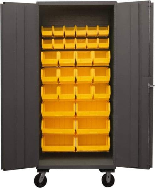Durham - 30 Bin Mobile Storage Cabinet - Steel, 36" Wide x 24" Deep x 80" High, Yellow - Exact Tool & Supply
