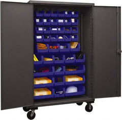 Durham - 42 Bin Mobile Storage Cabinet - Steel, 48" Wide x 24" Deep x 80" High, Blue - Exact Tool & Supply