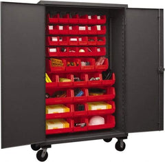 Durham - 42 Bin Mobile Storage Cabinet - Steel, 48" Wide x 24" Deep x 80" High, Red - Exact Tool & Supply
