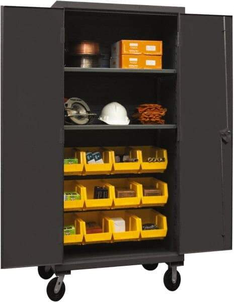 Durham - 2 Shelf 12 Bin Mobile Storage Cabinet - Steel, 36" Wide x 24" Deep x 80" High, Yellow - Exact Tool & Supply