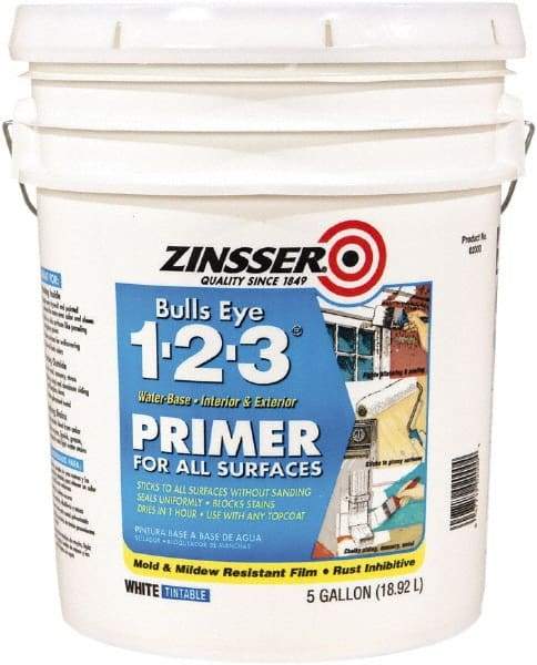 Rust-Oleum - 5 Gal White Water-Based Acrylic Enamel Primer - 450 Sq Ft Coverage, 86 gL Content, Quick Drying, Interior/Exterior - Exact Tool & Supply