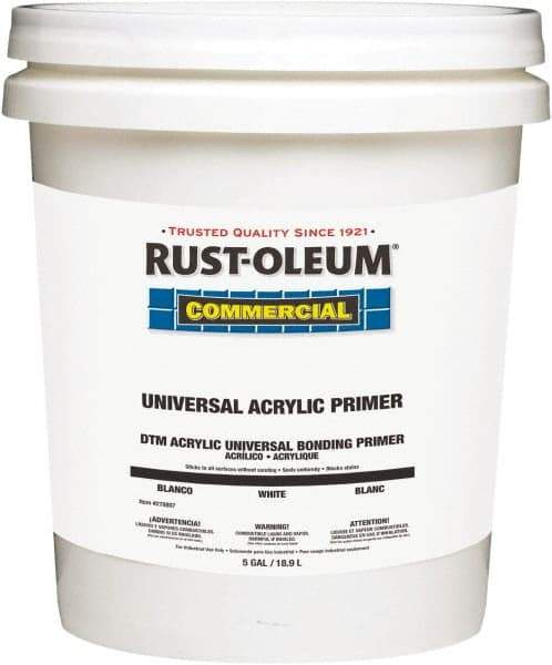 Rust-Oleum - 5 Gal White Water-Based Acrylic Enamel Primer - 350 to 450 Sq Ft Coverage, <100 gL Content, Quick Drying, Interior/Exterior - Exact Tool & Supply
