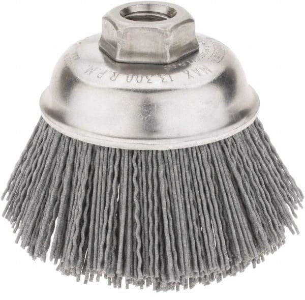 Weiler - 3-1/2" Diam, 5/8-11 Threaded Arbor Crimped Wire Nylon Cup Brush - Medium Grade, 0.035" Filament Diam, 12,000 Max RPM - Exact Tool & Supply