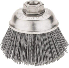 Weiler - 3-1/2" Diam, 5/8-11 Threaded Arbor Crimped Wire Nylon Cup Brush - Medium Grade, 0.035" Filament Diam, 12,000 Max RPM - Exact Tool & Supply