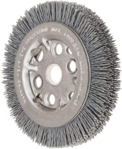 Weiler - 4-1/4" OD, 5/8" Arbor Hole, Crimped Nylon Wheel Brush - 3/4" Face Width, 5/8" Trim Length, 0.035" Filament Diam, 6,000 RPM - Exact Tool & Supply