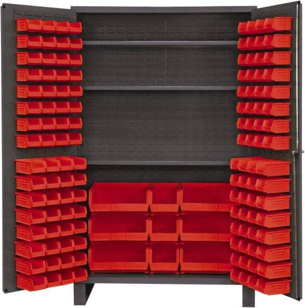 Durham - 3 Shelf 137 Bin Storage Cabinet - Steel, 48" Wide x 24" Deep x 78" High, Red - Exact Tool & Supply
