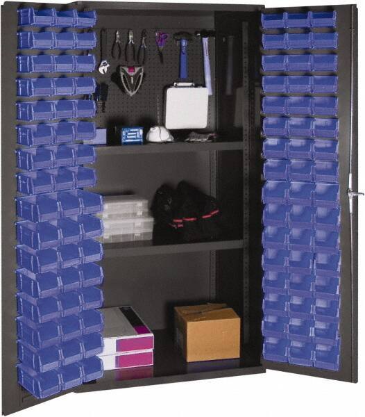 Durham - 2 Shelf 96 Bin Storage Cabinet - Steel, 36" Wide x 24" Deep x 72" High, Blue - Exact Tool & Supply