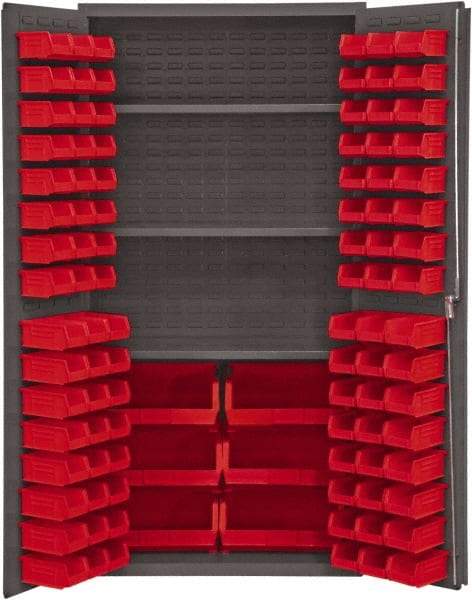 Durham - 3 Shelf 102 Bin Storage Cabinet - Steel, 36" Wide x 24" Deep x 72" High, Red - Exact Tool & Supply