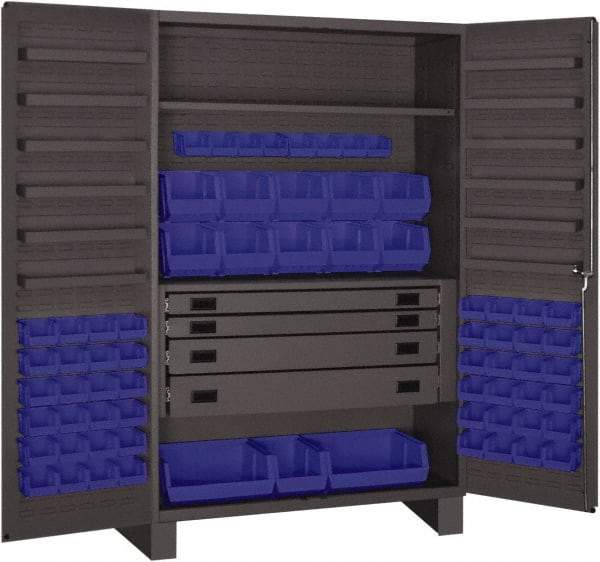 Durham - 2 Shelf 69 Bin Storage Cabinet - Steel, 48" Wide x 24" Deep x 78" High, Blue - Exact Tool & Supply