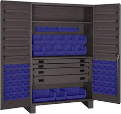 Durham - 2 Shelf 69 Bin Storage Cabinet - Steel, 48" Wide x 24" Deep x 78" High, Blue - Exact Tool & Supply