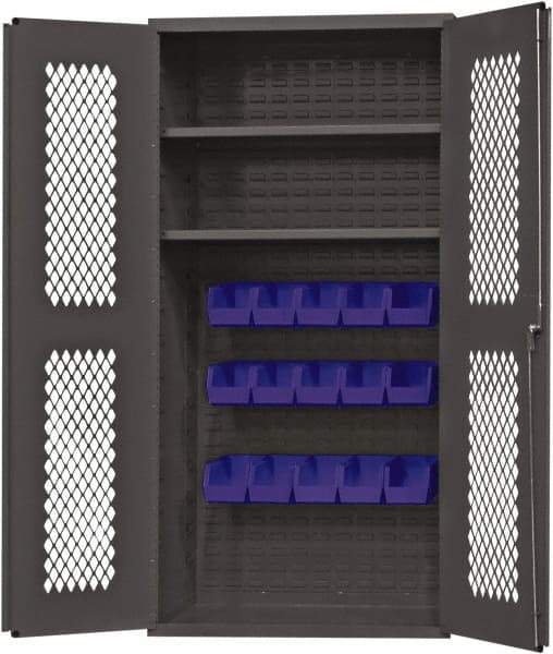 Durham - 2 Shelf 15 Bin Storage Cabinet - Steel, 36" Wide x 24" Deep x 72" High, Blue - Exact Tool & Supply