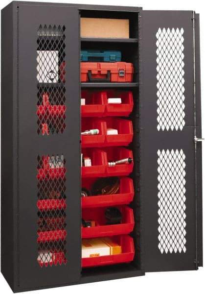 Durham - 2 Shelf 15 Bin Storage Cabinet - Steel, 36" Wide x 18" Deep x 72" High, Red - Exact Tool & Supply
