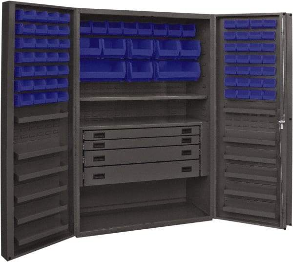 Durham - 2 Shelf 72 Bin Storage Cabinet - Steel, 48" Wide x 24" Deep x 72" High, Blue - Exact Tool & Supply