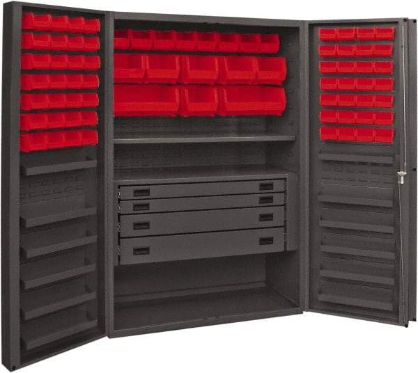 Durham - 2 Shelf 72 Bin Storage Cabinet - Steel, 48" Wide x 24" Deep x 72" High, Red - Exact Tool & Supply