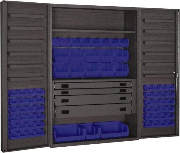 Durham - 2 Shelf 69 Bin Storage Cabinet - Steel, 48" Wide x 24" Deep x 72" High, Blue - Exact Tool & Supply