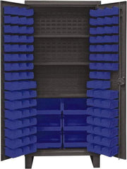 Durham - 3 Shelf 102 Bin Storage Cabinet - Steel, 36" Wide x 24" Deep x 78" High, Blue - Exact Tool & Supply