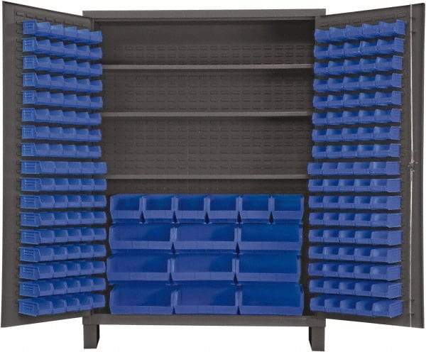 Durham - 3 Shelf 185 Bin Storage Cabinet - Steel, 60" Wide x 24" Deep x 84" High, Blue - Exact Tool & Supply