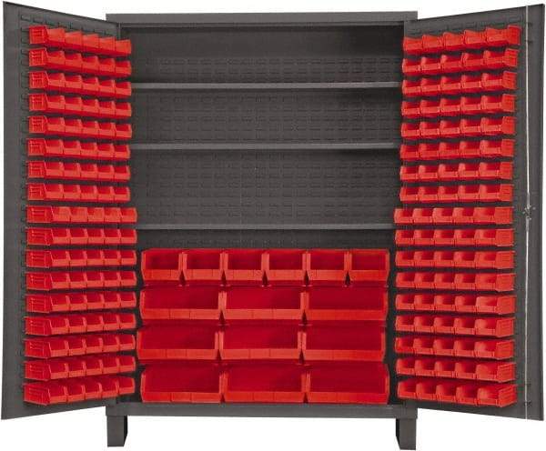 Durham - 3 Shelf 185 Bin Storage Cabinet - Steel, 60" Wide x 24" Deep x 84" High, Red - Exact Tool & Supply