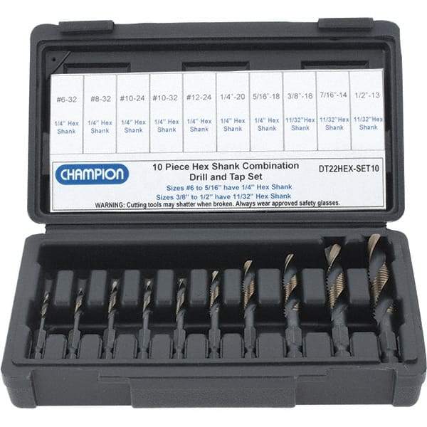 Value Collection - #6-32 to 1/2-13 UNC, High Speed Steel Combination Drill and Tap Set - 10 Piece Set - Exact Tool & Supply