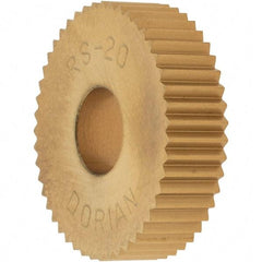 Dorian Tool - 3/4" Diam, 90° Tooth Angle, 20 TPI, Standard (Shape), Cut Type High Speed Steel Straight Knurl Wheel - 5mm Face Width, 1/4" Hole, Circular Pitch, TiN Finish, Series R - Exact Tool & Supply