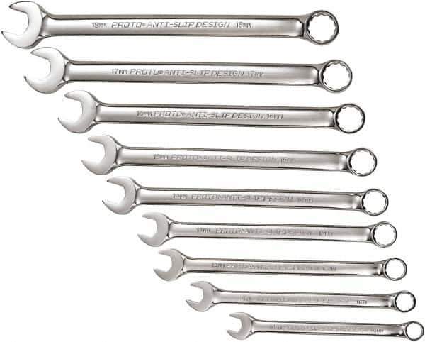 Proto - 9 Piece, 10mm to 18mm, 12 Point Combination Wrench Set - Metric Measurement Standard, Full Polish Chrome Finish, Comes in Tool Roll - Exact Tool & Supply