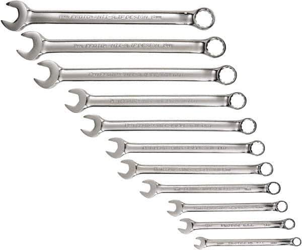 Proto - 11 Piece, 7mm to 19mm, 12 Point Combination Wrench Set - Metric Measurement Standard, Full Polish Chrome Finish, Comes in Tool Roll - Exact Tool & Supply