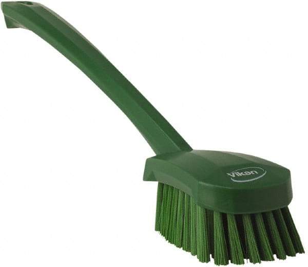 Vikan - 1.3" Bristle Length, Polyester Scrub Brush - 4" Long x 2-3/4" Wide Head, 15-3/4" OAL, Green, Polypropylene Block - Exact Tool & Supply