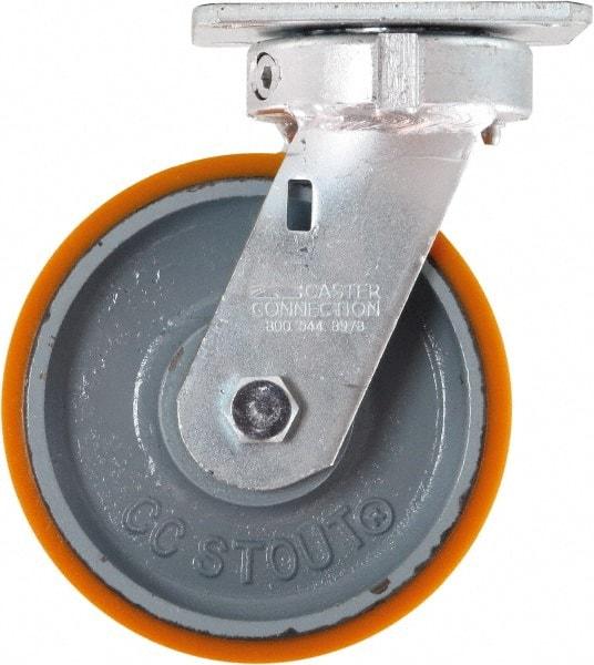 Caster Connection - 6" Diam x 2" Wide x 7-1/2" OAH Top Plate Mount Swivel Caster - Polyurethane on Iron, 1,250 Lb Capacity, Sealed Precision Ball Bearing, 4 x 4-1/2" Plate - Exact Tool & Supply