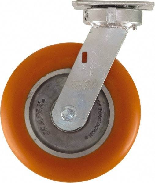 Caster Connection - 8" Diam x 2" Wide x 10-1/8" OAH Top Plate Mount Swivel Caster - Polyurethane on Aluminum, 1,200 Lb Capacity, Sealed Precision Ball Bearing, 4 x 4-1/2" Plate - Exact Tool & Supply