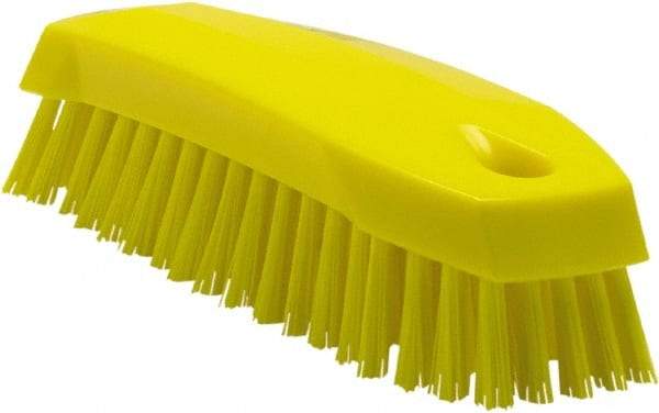 Vikan - 1" Bristle Length, Polyester Scrub Brush - 6-1/4" Long x 7" Wide Head, 7" OAL, Yellow, Polypropylene Block - Exact Tool & Supply