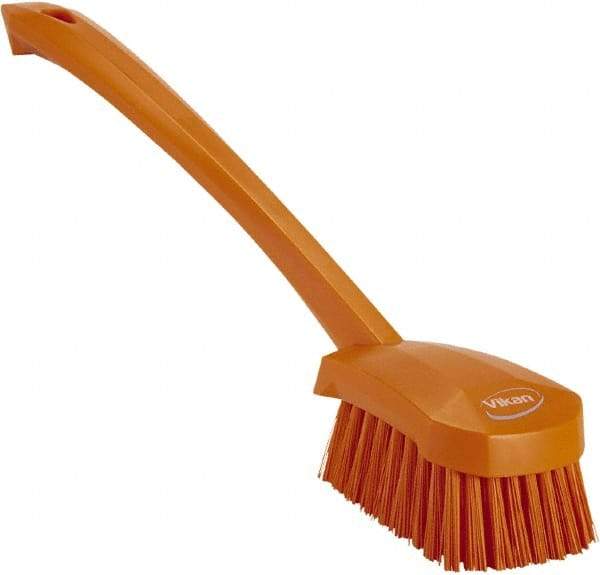 Vikan - 1.3" Bristle Length, Polyester Scrub Brush - 4" Long x 2-3/4" Wide Head, 15-3/4" OAL, Orange, Polypropylene Block - Exact Tool & Supply