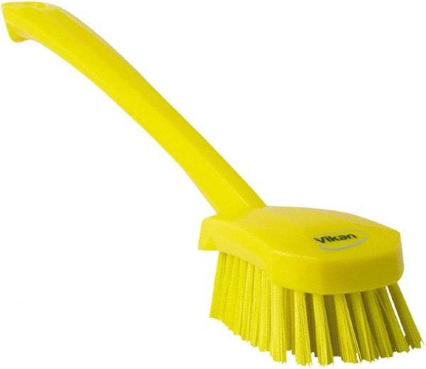 Vikan - 1.3" Bristle Length, Polyester Scrub Brush - 4" Long x 2-3/4" Wide Head, 15-3/4" OAL, Yellow, Polypropylene Block - Exact Tool & Supply