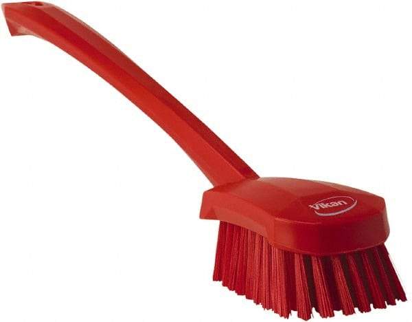 Vikan - 1.3" Bristle Length, Polyester Scrub Brush - 4" Long x 2-3/4" Wide Head, 15-3/4" OAL, Red, Polypropylene Block - Exact Tool & Supply