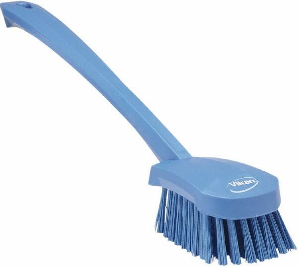 Vikan - 1.3" Bristle Length, Polyester Scrub Brush - 4" Long x 2-3/4" Wide Head, 15-3/4" OAL, Blue, Polypropylene Block - Exact Tool & Supply