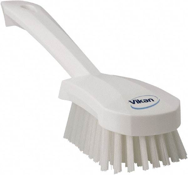 Vikan - 1.3" Bristle Length, Polyester Scrub Brush - 4-1/4" Long x 2-3/4" Wide Head, 10" OAL, White, Polypropylene Block - Exact Tool & Supply