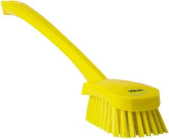 Vikan - 1.3" Bristle Length, Polyester Scrub Brush - 4" Long x 2-3/4" Wide Head, 15-3/4" OAL, Yellow, Polypropylene Block - Exact Tool & Supply