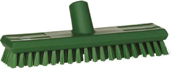 Vikan - 1" Bristle Length, Polyester Scrub Brush - 10-5/8" Long x 2-1/2" Wide Head, 11" OAL, European Threaded Handle, Green, Polypropylene Block - Exact Tool & Supply