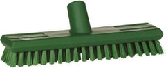 Vikan - 1" Bristle Length, Polyester Scrub Brush - 10-5/8" Long x 2-1/2" Wide Head, 11" OAL, European Threaded Handle, Green, Polypropylene Block - Exact Tool & Supply
