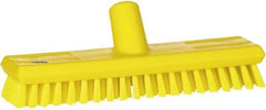 Vikan - 1" Bristle Length, Polyester Scrub Brush - 10-5/8" Long x 2-1/2" Wide Head, 11" OAL, European Threaded Handle, Yellow, Polypropylene Block - Exact Tool & Supply