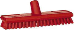 Vikan - 1" Bristle Length, Polyester Scrub Brush - 10-5/8" Long x 2-1/2" Wide Head, 11" OAL, European Threaded Handle, Red, Polypropylene Block - Exact Tool & Supply
