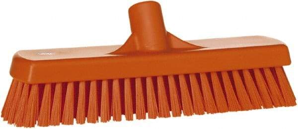 Vikan - 1.7" Bristle Length, Polyester Scrub Brush - 11-1/4" Long x 3" Wide Head, 12" OAL, European Threaded Handle, Orange, Polypropylene Block - Exact Tool & Supply